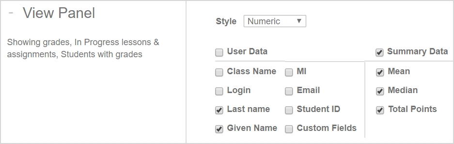 User data and summary data options are available to select what is displayed on a Grade Report.